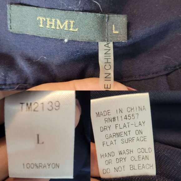 THML Navy Blue Sleeveless Swing Dress Sz L Embroidered V-Neck Cutout Back Rayon - Picture 3 of 9